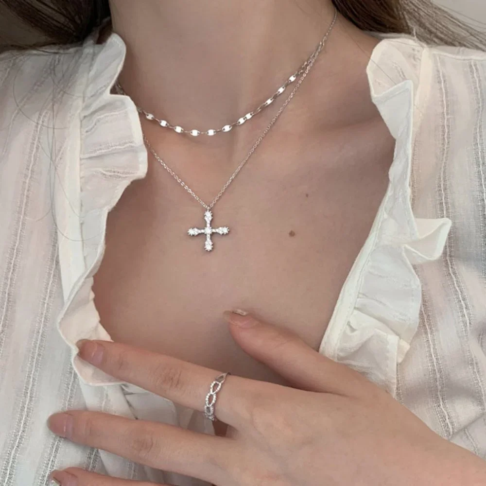#NEW 925 Sterling Silver Diamond Cross Double Layer Necklace